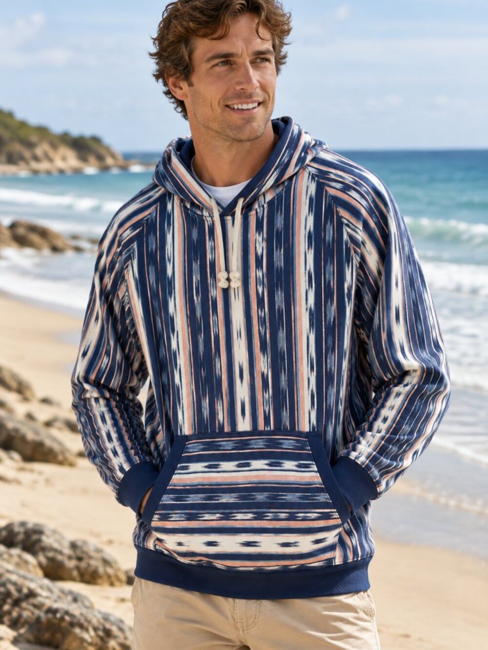 Lands’ End Serious Sweats Baja Stripe Hoodie Men’s Small Aztec Southwestern